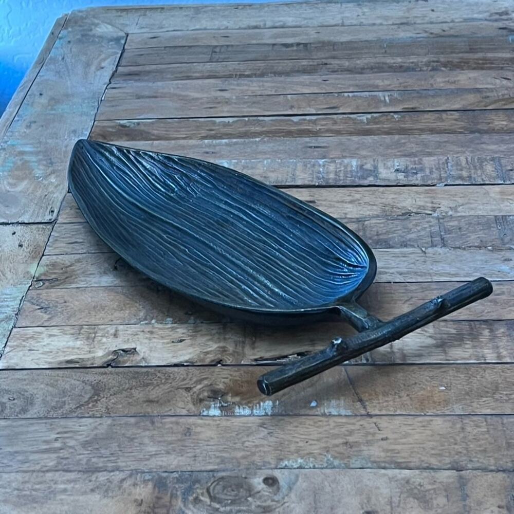 Vintage MCM Long Leaf Shaped Metal Trinket Tray Dish Mid Century